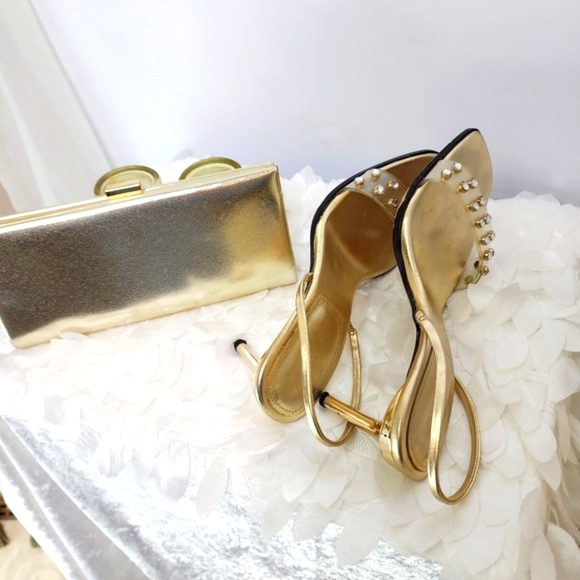 Zara Shoes - Zara shoes gold metallic kitten slingback heels  clear embellished vamp size 9